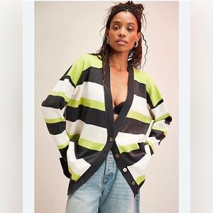 Free People League Of Her Own Cardigan in Carbon Lime Combo